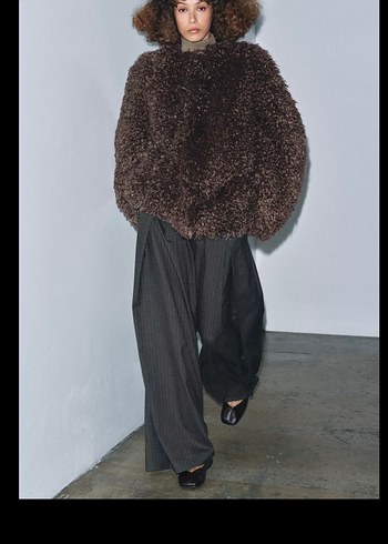 Kahverengi Yünlü Tüylü Kadın Midi Ceket - Görsel 2