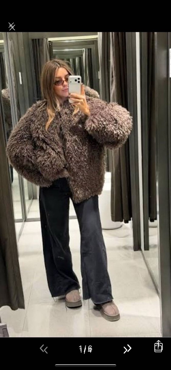 Kahverengi Yünlü Tüylü Kadın Midi Ceket - Görsel 4