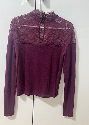 Bordo Dantel Detaylı Yüksek Yaka Kadın Kazak - Görsel 2