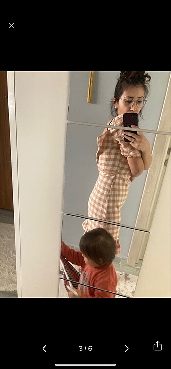 xs Beden Keten bisküvi rengi kareli elbise