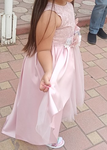 Abiye Dantel Detaylı Pembe Kız Çocuk Abiye Elbise
