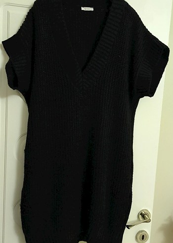 Siyah V Yaka Yün Triko Midi suveter - Görsel 2