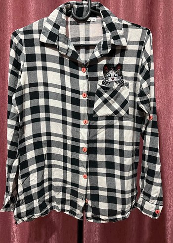 Düğmeli Nakışlı siyah beyaz Kadın Gömlek - Görsel 6