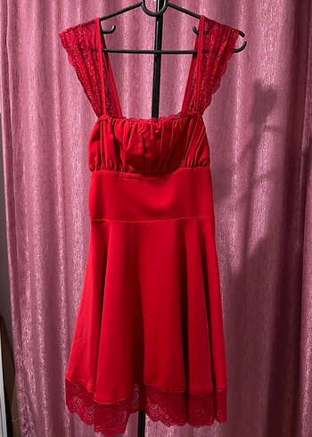 Kırmızı  dantel Mini Elbise - Görsel 3
