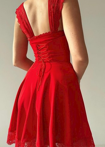 Kırmızı  dantel Mini Elbise - Görsel 2