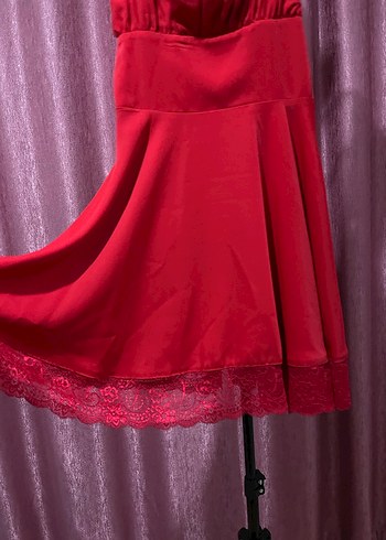 Kırmızı  dantel Mini Elbise - Görsel 4