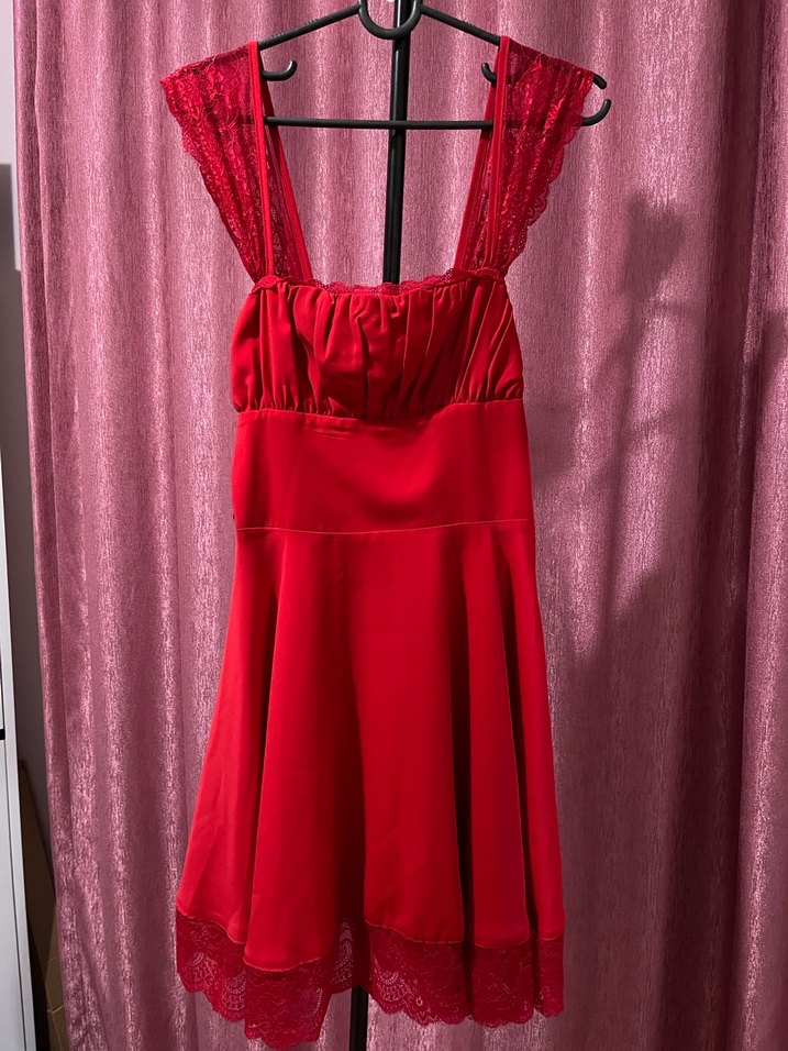 Kırmızı  dantel Mini Elbise - Görsel 3
