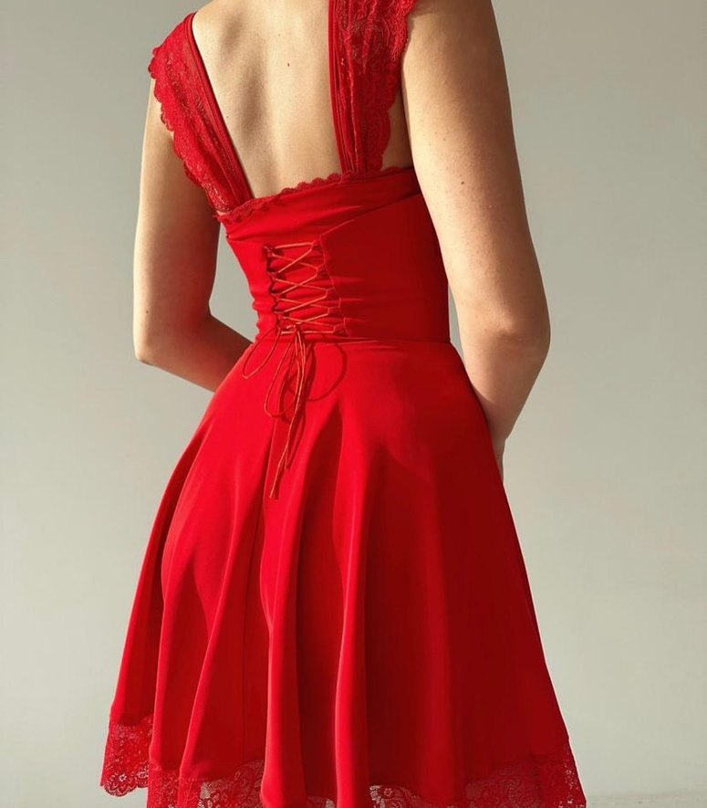 Kırmızı  dantel Mini Elbise - Görsel 2