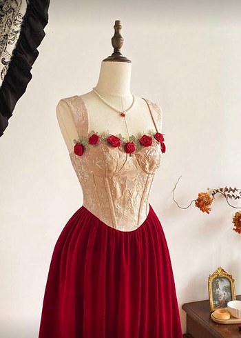 Vintage Bordo Nakışlı Uzun Abiye Elbise - Görsel 6