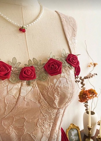 Vintage Bordo Nakışlı Uzun Abiye Elbise - Görsel 4