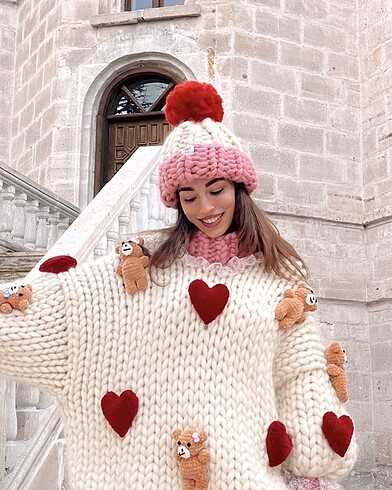 Örgü elbise kazak bere takımı - Görsel 5