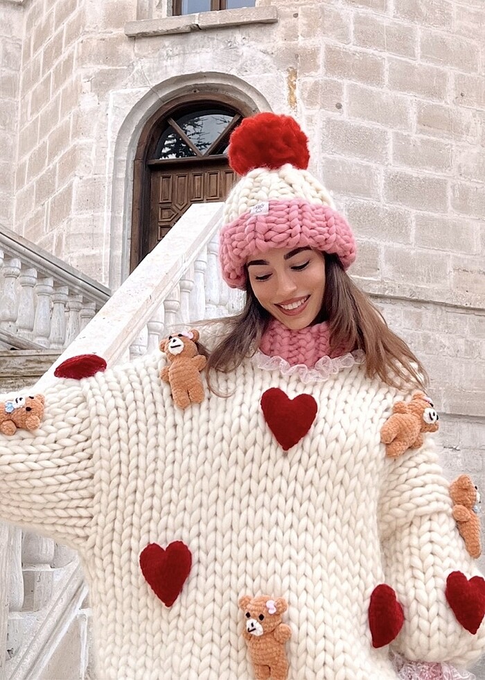 Örgü elbise kazak bere takımı - Görsel 5