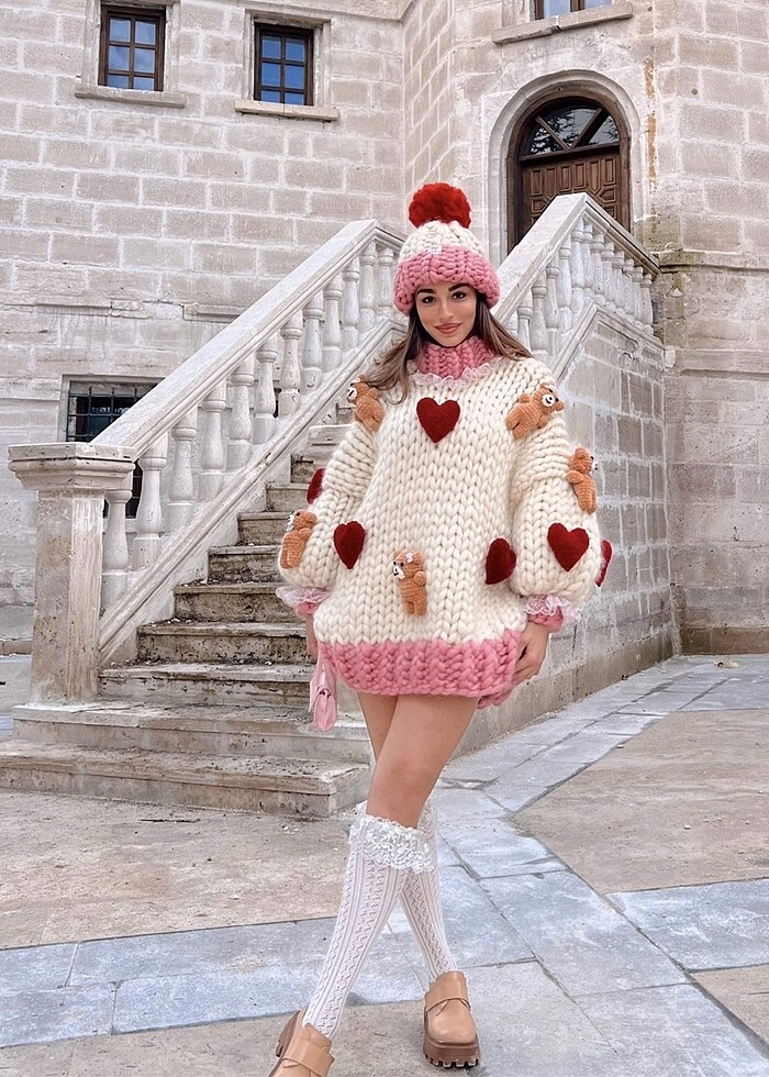 Örgü elbise kazak bere takımı - Görsel 4