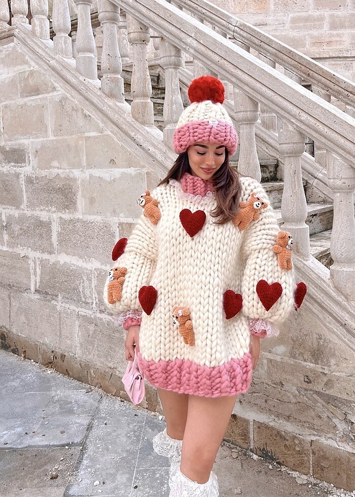 Örgü elbise kazak bere takımı - Görsel 2