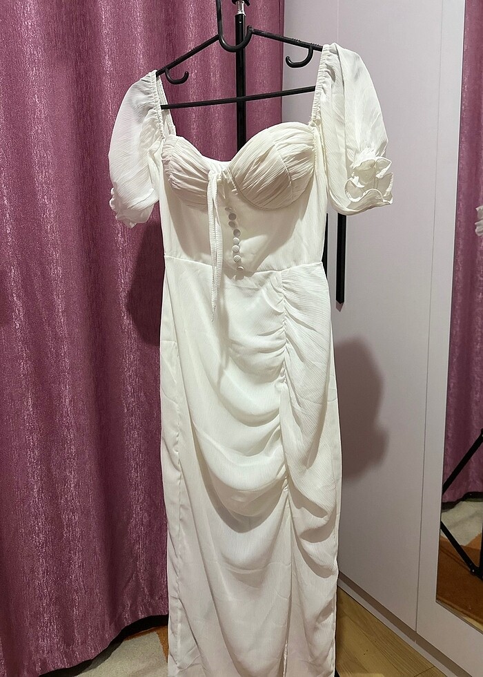 Beyaz yırtmaçlı vintage elbise - Görsel 4