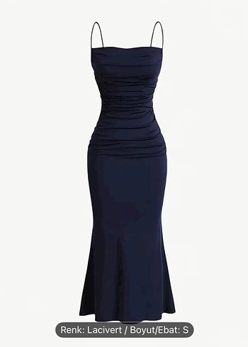 Shein Lacivert Drapeli İnce Askılı Uzun Elbise