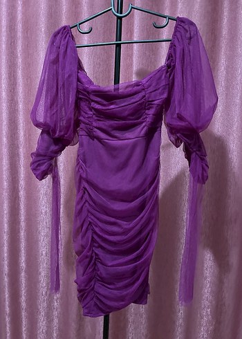 Mor Drapeli Straplez Mini Abiye Elbise - Görsel 4