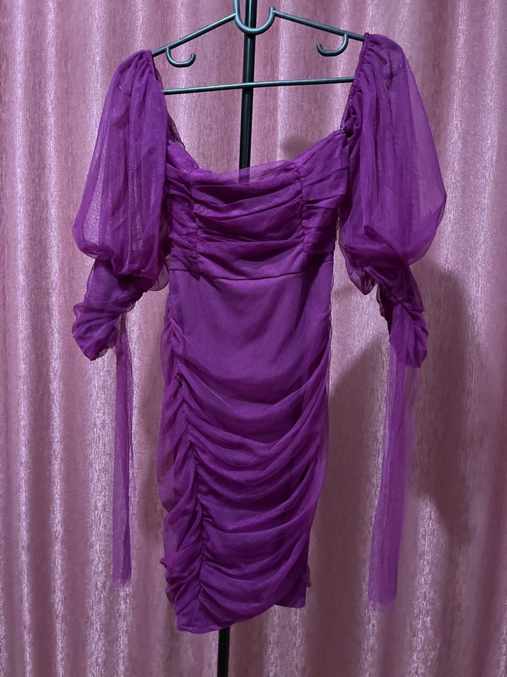 Mor Drapeli Straplez Mini Abiye Elbise - Görsel 4