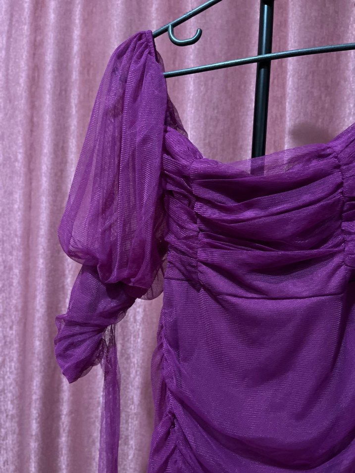 Mor Drapeli Straplez Mini Abiye Elbise - Görsel 5