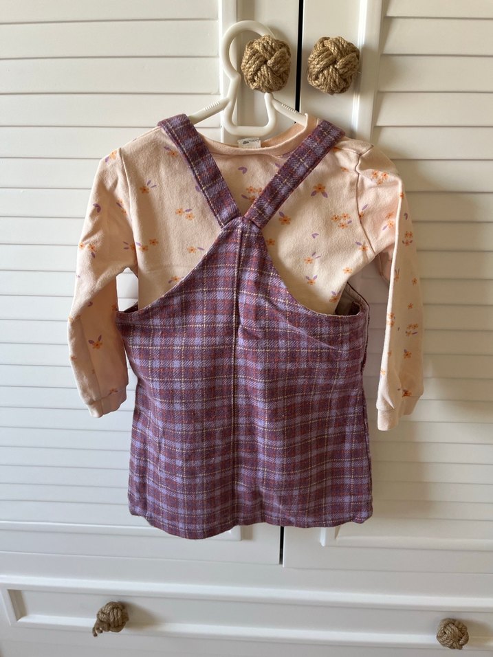 Mor Ekose Askılı Cepli Kız Elbisesi - Görsel 2