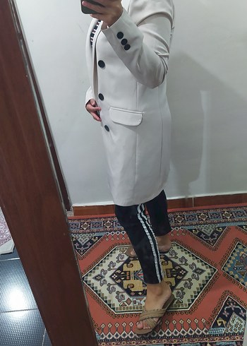 Diğer Düğmeli Beyaz Midi Kadın Ceket