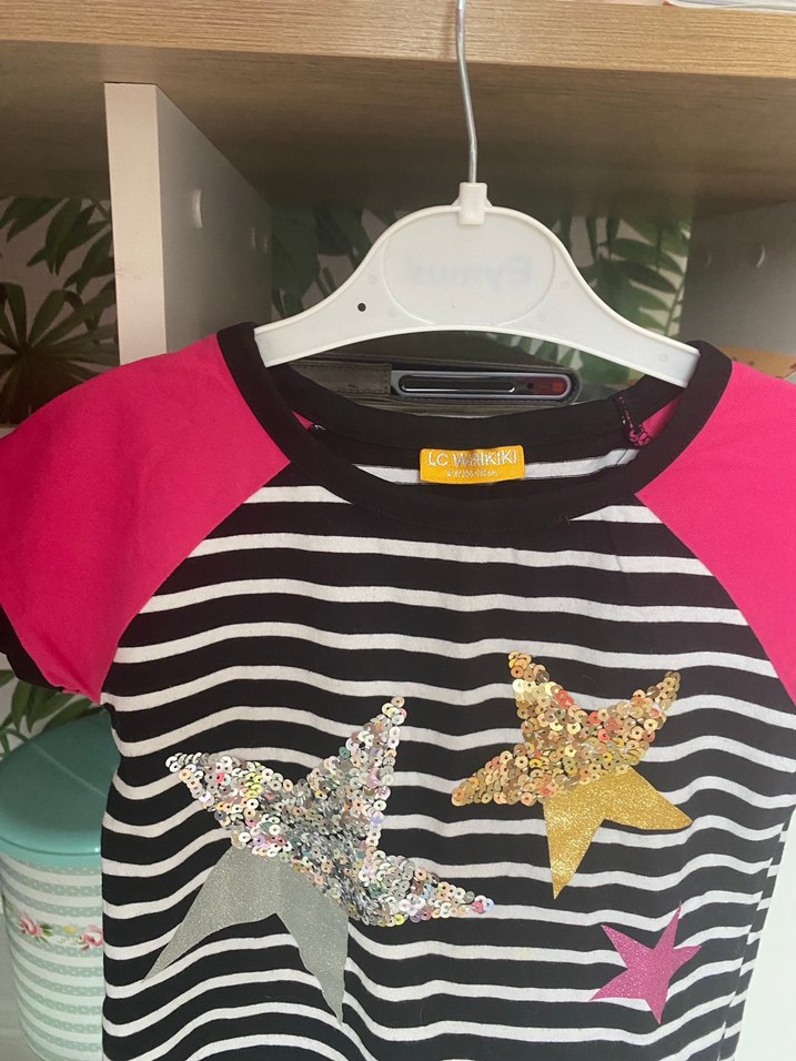 Kız Çocuk Renkli Payetli Çizgili Tişört - Görsel 2