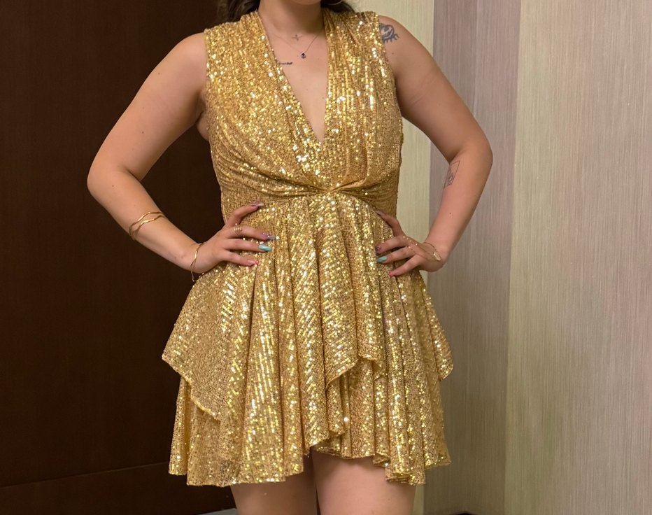 Parlak Payetli Altın Mini Abiye Elbise - Görsel 3