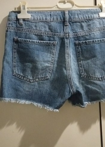 Nakışlı Düğmeli Mini Mavi Denim Şort - Görsel 8