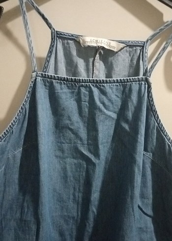 Mavi Kot Midi Boy Askılı Elbise - Görsel 5