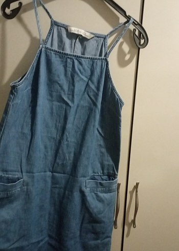 Mavi Kot Midi Boy Askılı Elbise - Görsel 2