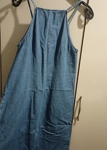 Mavi Kot Midi Boy Askılı Elbise - Görsel 9