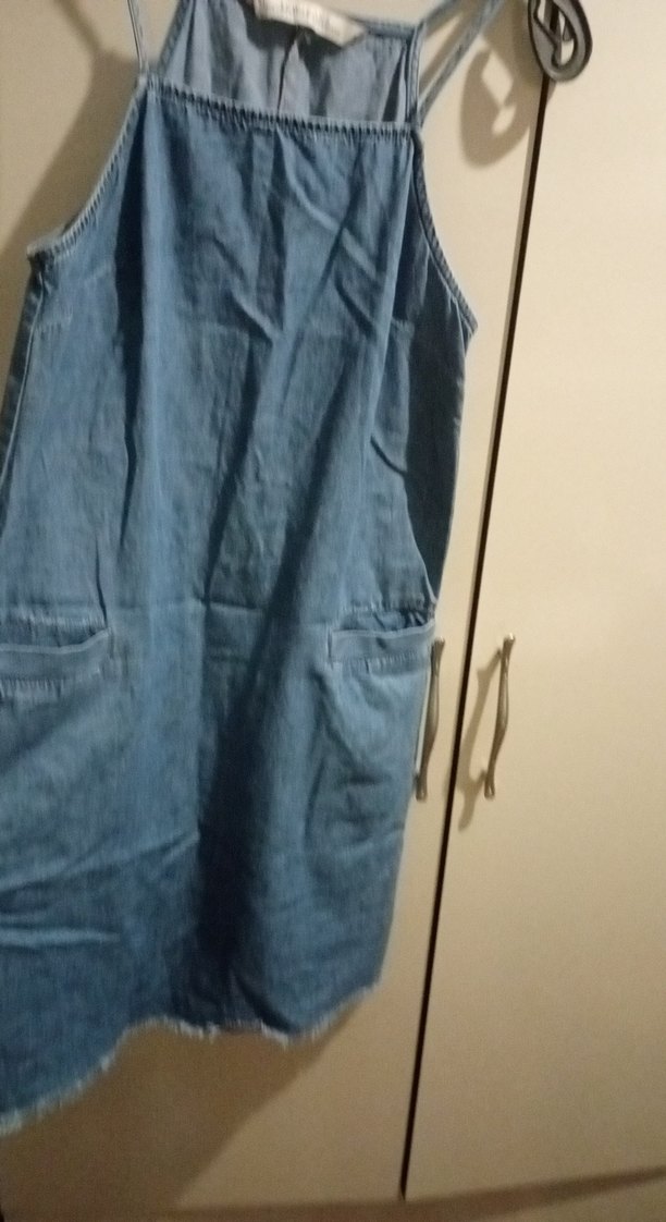 Mavi Kot Midi Boy Askılı Elbise - Görsel 3