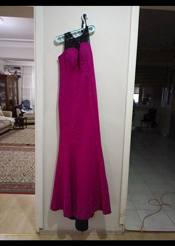 Fuşya uzun Straplez Fırfırlı Gotik Elbise. - Görsel 5