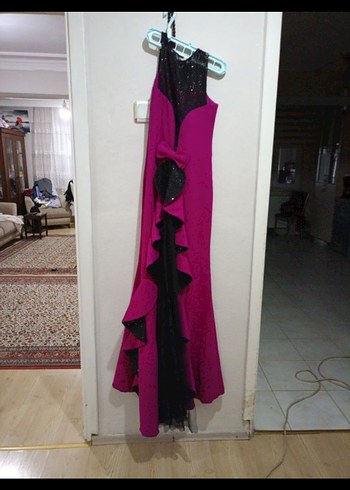 Fuşya uzun Straplez Fırfırlı Gotik Elbise. - Görsel 6