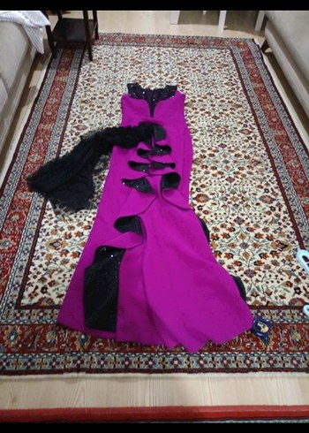 Fuşya uzun Straplez Fırfırlı Gotik Elbise. - Görsel 7