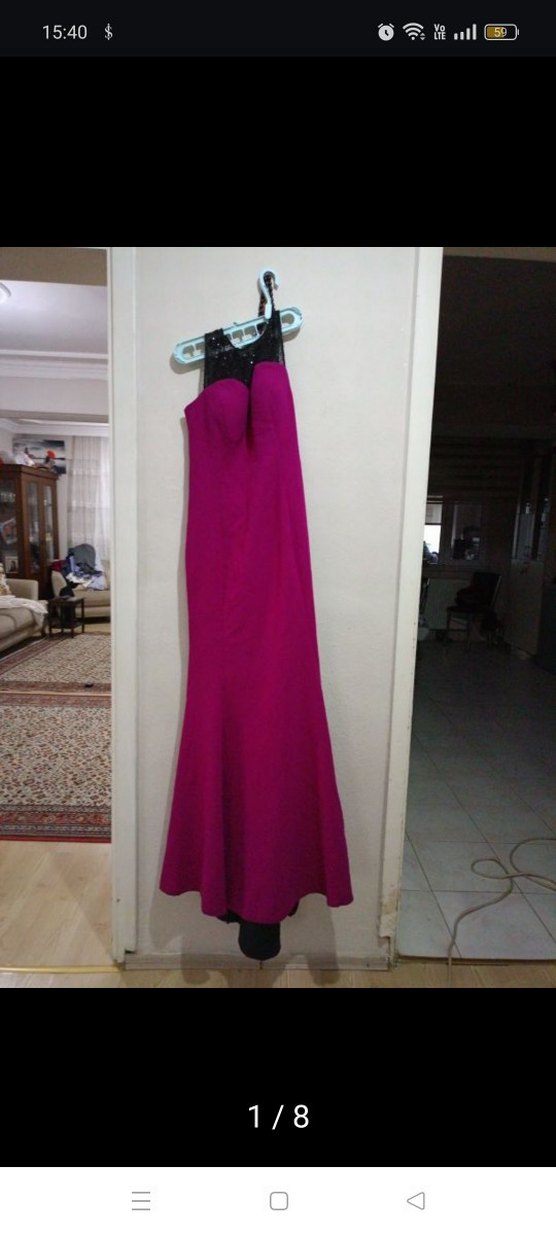 Fuşya uzun Straplez Fırfırlı Gotik Elbise. - Görsel 5