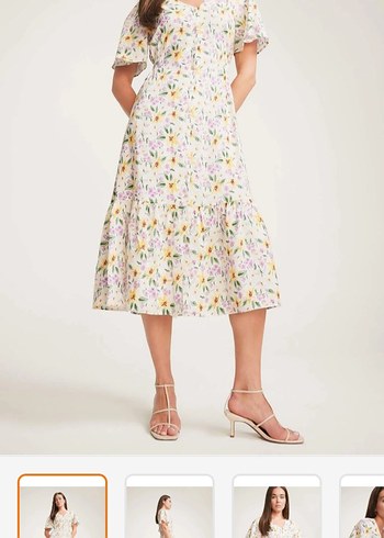 Sarı Çiçekli V Yakalı Uzun Elbise - Görsel 3