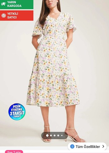 Sarı Çiçekli V Yakalı Uzun Elbise - Görsel 4