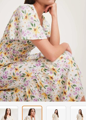 Sarı Çiçekli V Yakalı Uzun Elbise - Görsel 2