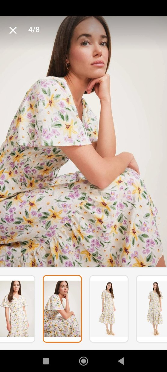 Sarı Çiçekli V Yakalı Uzun Elbise - Görsel 2