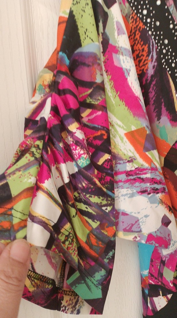 Renkli Drapeli V Yaka kısaElbise - Görsel 3