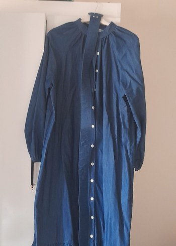 Uzun Kollu Mavi Denim Salaş Elbise - Görsel 6