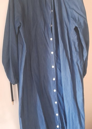 Uzun Kollu Mavi Denim Salaş Elbise - Görsel 3