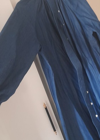 Uzun Kollu Mavi Denim Salaş Elbise - Görsel 2