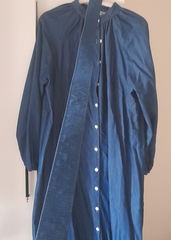 Uzun Kollu Mavi Denim Salaş Elbise - Görsel 4