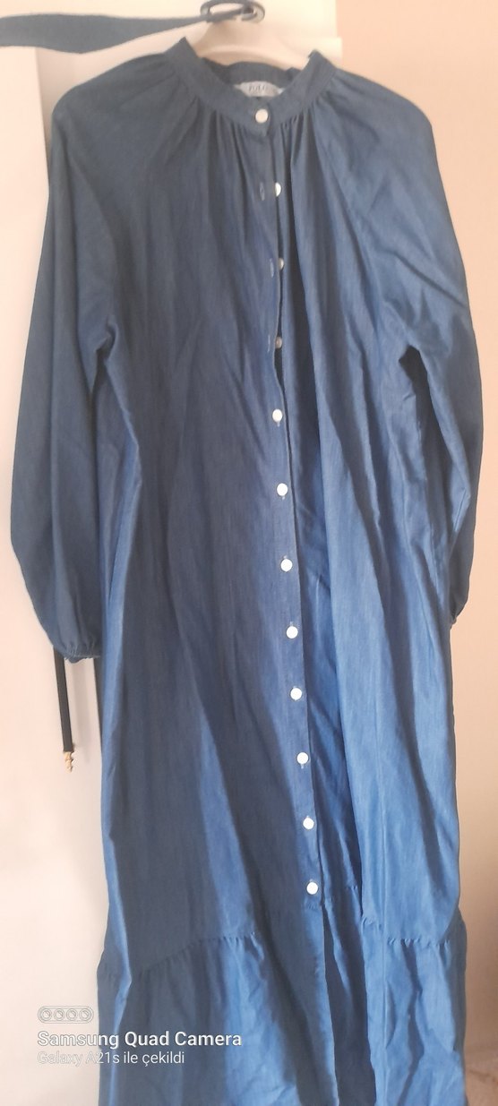 Uzun Kollu Mavi Denim Salaş Elbise - Görsel 3