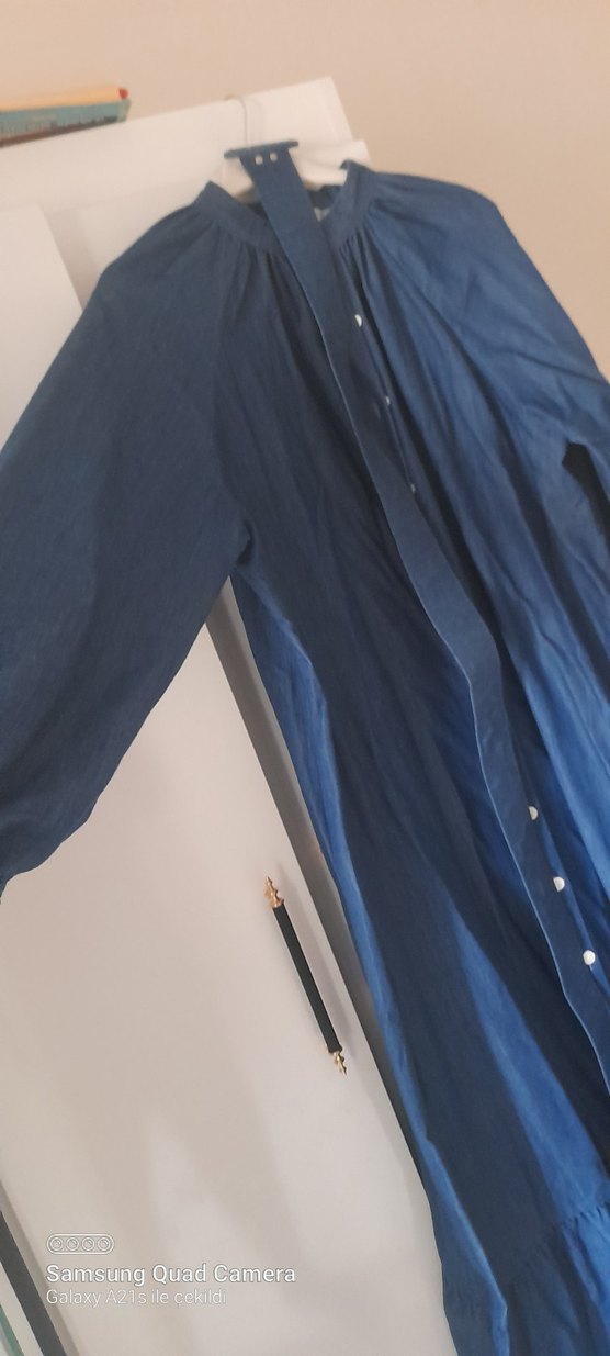 Uzun Kollu Mavi Denim Salaş Elbise - Görsel 2