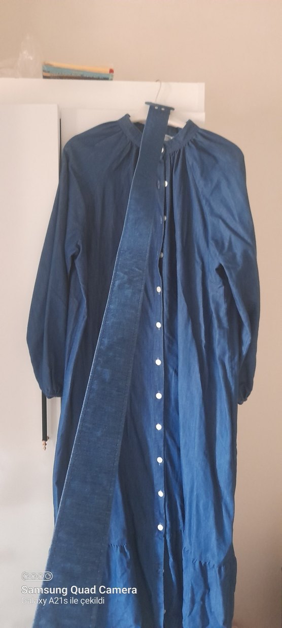 Uzun Kollu Mavi Denim Salaş Elbise - Görsel 4