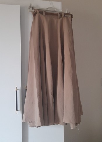 Bej Kadın Keten Uzun Drapeli Etek - Görsel 2