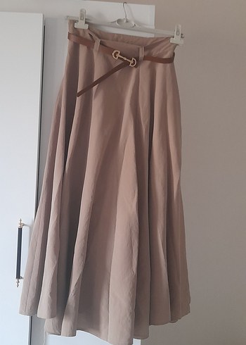 Bej Kadın Keten Uzun Drapeli Etek - Görsel 5